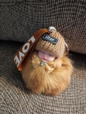 Sleeping Baby Plush Fluffy  Love Keychain, Tan, approximately 6", NWT